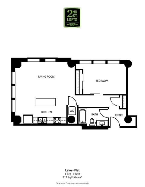 Floor plan for 1 bed, 1 bath, 817 sqft